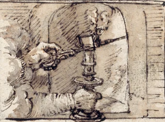 A pair of hands issuing from cloud, snuffing a candle in a candlestick
