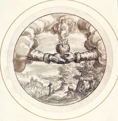 Hands holding a flaming heart and imperial crown with a view of Circus Maximus