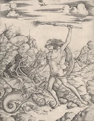Hercules and the Hydra, wielding a torch he attacks the winged, multi-headed Hydra, ca. 1500-1520