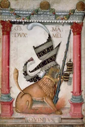Heraldic Symbol Depicting a Crest with a Lion, Sparks and Buckets of Galeazzo Maria Sforza, Illuminated Page by Cristoforo de Predis from the New Testament Codex, Varia 124, Italy 1475