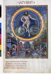 Saturn with zodiac signs of Aquarius and Capricorn. Below, hunting scenes and their influence on men. Miniature by Cristoforo de Predis (c. 1440-c. 1486) in d’Este’s ’De Sphaera’. Around 1470. Biblioteca Estense, Modena.