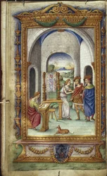 Penelope writing, Telemachus and Laertes Illustration for The Heroides by Ovid, 1485-1499