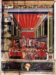 Induction of Ludovic Marie Sforza (Ludovico Maria Sforza) (1452-1508) - illumination from Cardinal Arcimboldi
