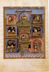 Influences of Mercury: the craftsmen. A cooking scene surrounded by a meal scene, a copyist, a watchmaker, a gunsmith, an organ maker, a sculptor and a sacred art painter (miniature, c.1470)