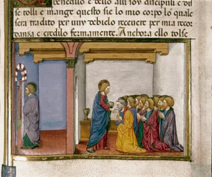 Jesus gives bread to the apostle, symbol of his body, while Judas comes out. Miniature from Cristoforo De Predis after the History of the New Testament