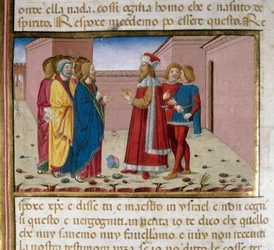 Nicodema the Pharisee visits Jesus. Miniature by Cristoforo De Predis after the History of the New Testament