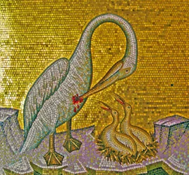 Mother Pelican feeding her young with her own blood, Kykkos Monastery, Troodos Mountains, Cyprus