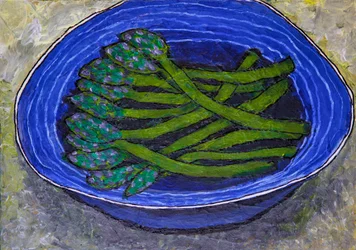 Green Asparagus In Blue Bowl