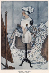 Madame Jeanne Paquin (1869-1936), French couturiere, represented with the cross of the Legion of Honour which she has just obtained - illustration by Daniel De Losques in Fantasio of 1913