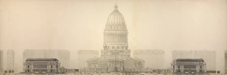 Plate 131 from The Plan of Chicago, 1909: Chicago. Elevation Showing the Group of Buildings Constituting the Proposed Civic Center