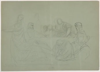 Mary Washing the Feet of Christ, Several Men Seated at a Table; Verso: Notes, 1852