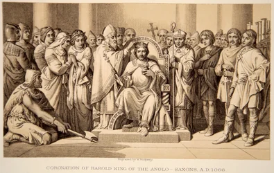 Coronation of Harold II in 1066, engraved by W. Ridgeway