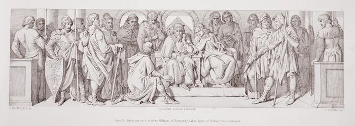 Harold, departing on a visit to William of Normandy, takes leave of Edward the Confessor, from 