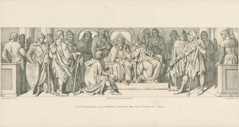 Harold, departing on a visit to William of Normandy, takes leave of Edward the Confessor