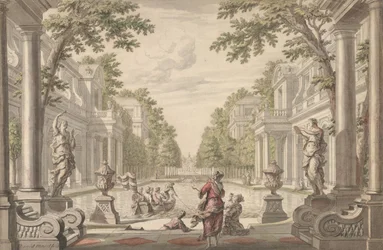 View of a Palace Garden with a Central Pond Surrounded by Classical Architecture ..., ca. 1700-1720