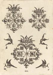 Three Brooches with Fantasy Birds at Left, Right, and Bottom