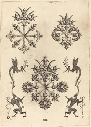 Three Brooches with Winged Snakes at Left and Right and Winged Griffins at Bottom