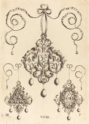 Three Strapwork Pendants, The Lower Ones Triangular and Oval