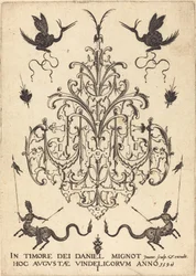Title Page: Brooch, Snail-like Animals Above, Centaurs with Banners at Bottom