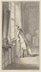 Ferdiner embraces Elise at the window