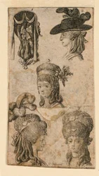 Five Headgears for Women, Two Fragments of Illustrations for 