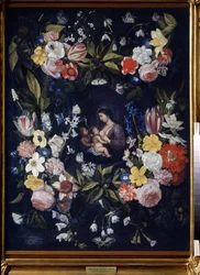 Floral Wreath with Madonna and Child