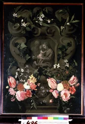 Madonna and Child, Saint Elisabeth and John the Baptist as Child in a Floral Garland