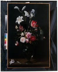 Swags of Roses, Tulips, Daffodils and other Flowers Suspended from Blue Ribbons