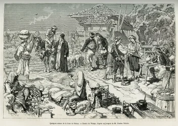 Some common scenes from the Salone fair (Croatia), sale of fruits, vegetables, poultry and lambs, as well as tables set up for desaltering. Engraving after the drawing of Virgo, to illustrate the voyage to Dalmatia, by Charles Yriarte, in 1874, published i