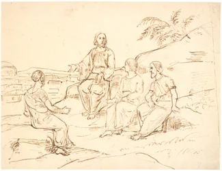 Biblical Scene: Christ Sitting with Three Apostles on a Mountain