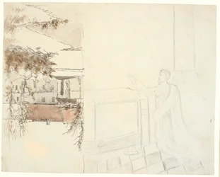 A King Kneeling Before an Altar. Street Scene