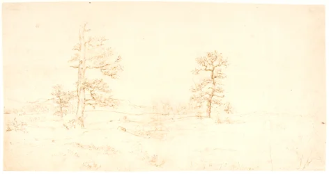 View Over a Hilly Landscape with a Pair of Solitary Oak Trees