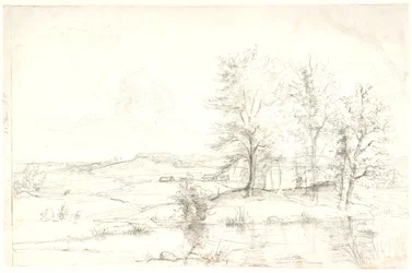 View over a Hilly Forested Landscape. In the Foreground a Lake