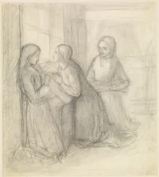 (Possibly) St Elizabeth of Hungary kneeling with her Companions Isentrudis and Guta