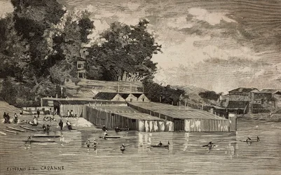 Bathing Establishment, Public Baths of Tiber in Rome, Italy, Engraving from Drawing by Dante Paolocci, from L