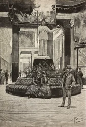Exposition of fabrics and laces, Rotonda and Fabrics Gallery, Rome, Italy, engraving from drawing by Dante Paolocci