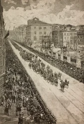 King returning to Quirinal after inauguration of Dogali monument, Rome, Italy, engraving from drawing by Dante Paolocci