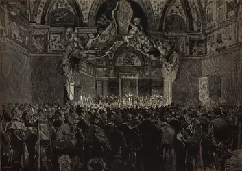 Leo XIII receiving French pilgrims in Ducal Hall, Papal Jubilee, Vatican (engraving)