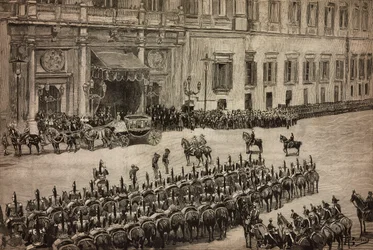 Opening of Parliament, Arrival of King Umberto I to Montecitorio, Rome, Italy, Engraving from Drawing by Dante Paolocci, L