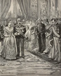 Umberto I and Margherita of Savoy at Concert on Occasion of Their Silver Wedding, Palazzo del Quirinale, Rome, Italy, engraving after drawing by Dante Paolocci, from L