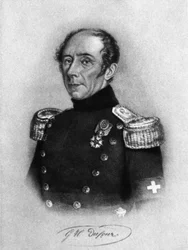 Portrait of Guillaume-Henri Dufour, Swiss general, engineer, topographer, and co-founder of International Committee of Red Cross, engraving after drawing by Karl Friedrich Irminger