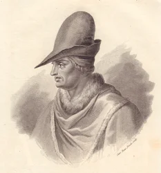 Portrait of Italian military leader Uguccione della Faggiola (1250-1319), copper engraving by Caterina Piotti-Pirola