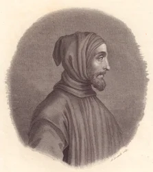 Portrait of Italian painter Cimabue, copper engraving by Locatelli from portrait by Simone Senese
