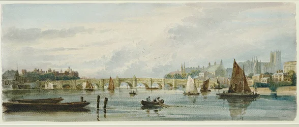 A view of Westminster Bridge looking west towards Lambeth Palace and Westminster Abbey