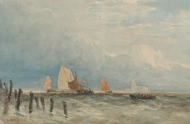 Dutch Fishing Smacks off the Coast, with Grote Kerk, Dordrecht in the Distance