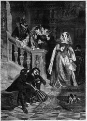 First meeting of the Queen of Scotland Mary Stuart with David Rizzio - engraving after the painting by David Dalhoff Neal