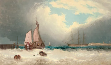 A Barge Running Out of Harbour, a Frigate Riding on Her Anchor Beyond