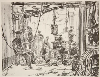 Sailors on a battleship making munitions for the army, illustration from 