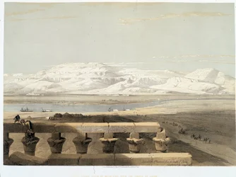 Mountain in Libya, seen from the Temple of Luxor in Egypt. Drawing made in 1838 in 