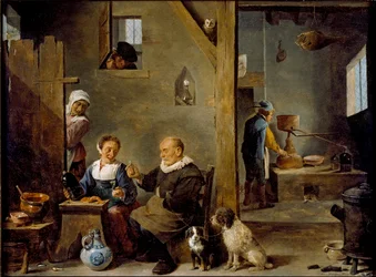 A Distillery with an Elderly Man Buying Gin from a Woman